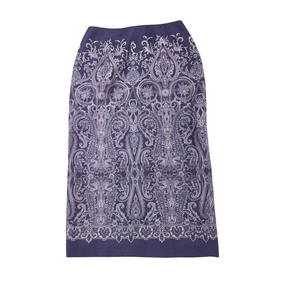Talbots Petites Purple Wool Paisley Damask Straight Midi Skirt Size 8P Office